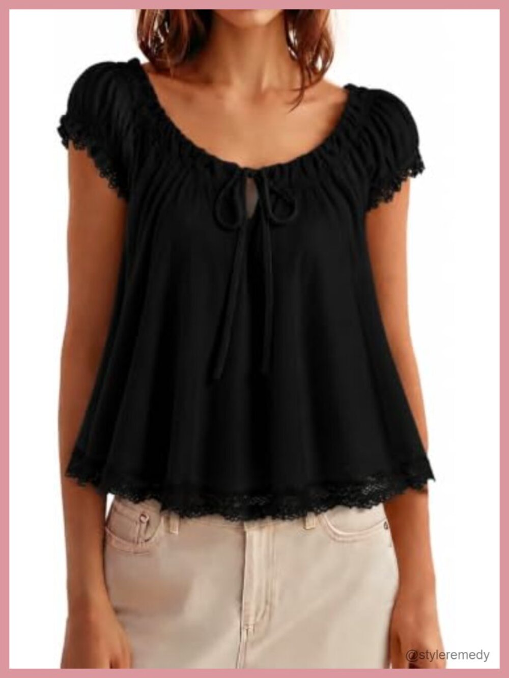 Womens Tie Front Babydoll Top Short Puff Sleeve Pleated Lace Trim Flowy Tee
